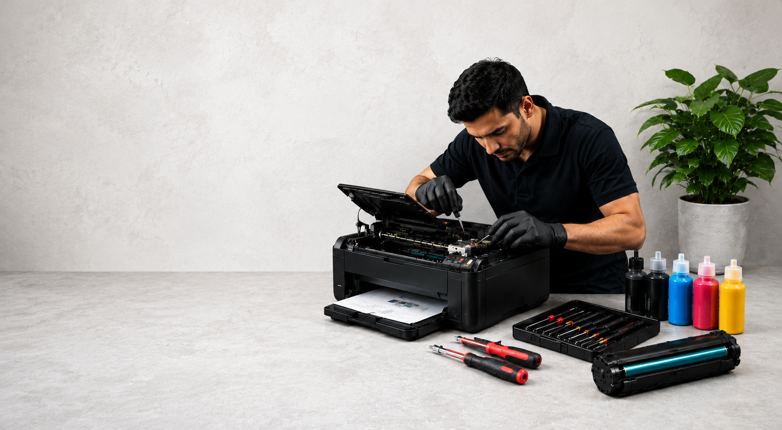 Technician repairing a printer