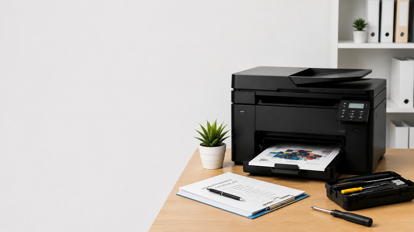 Technician performing preventive printer maintenance in an office