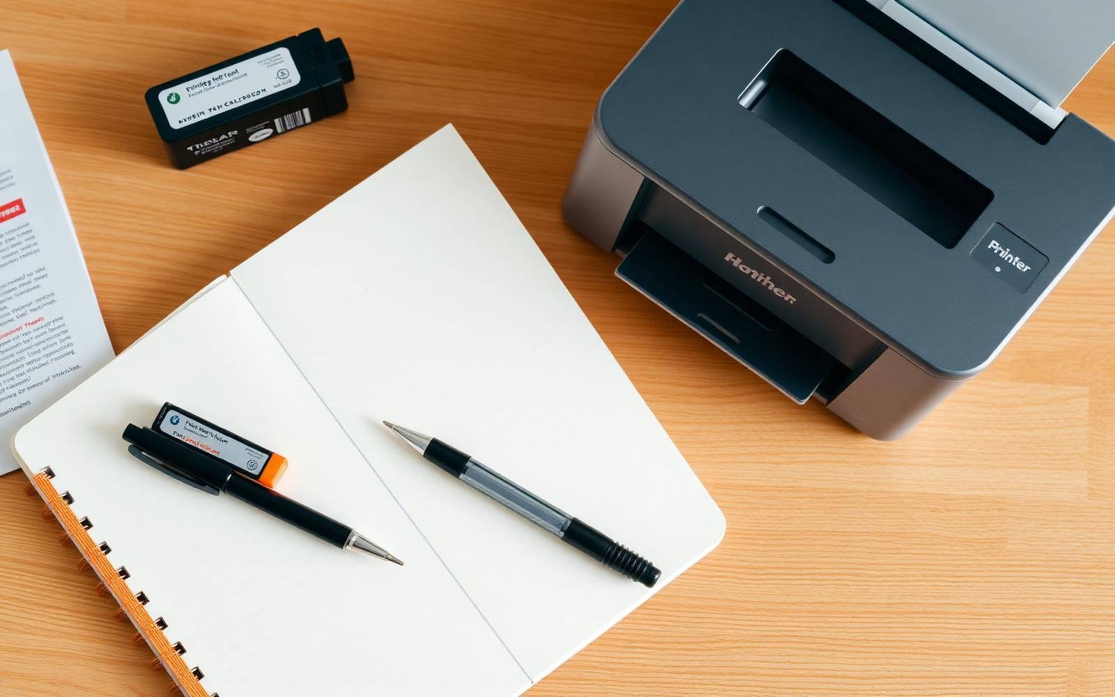 Open notebook, pen and printer ink cartridges on a wooden desk